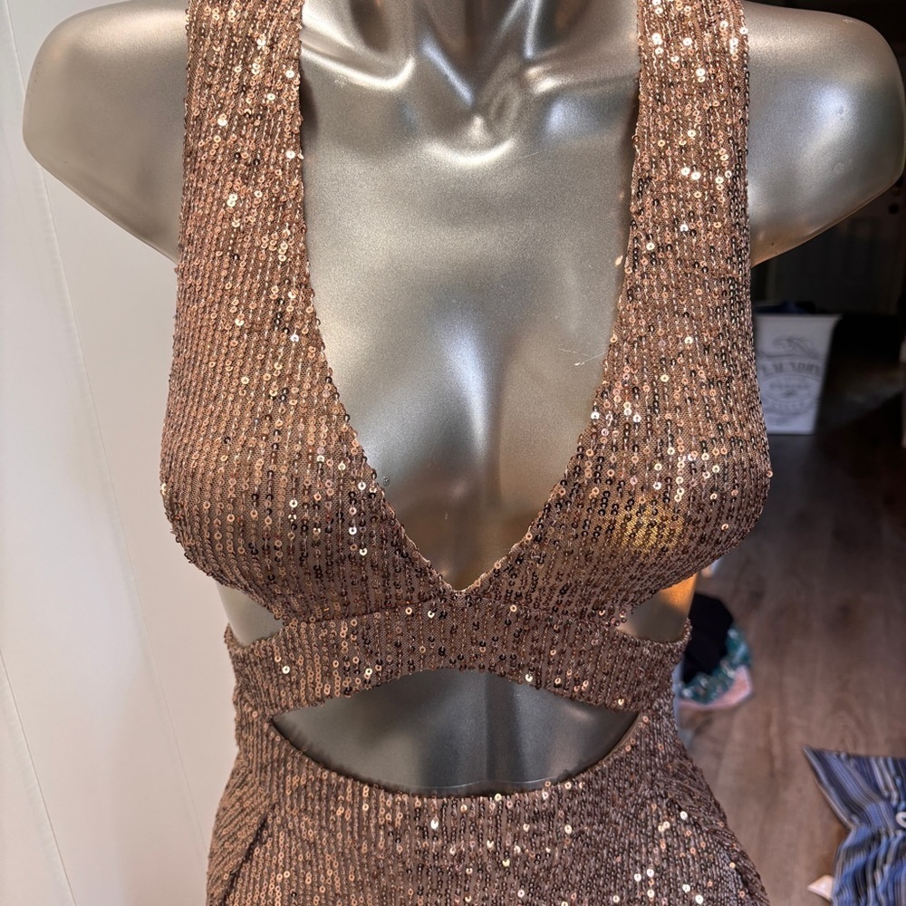 Fashion Nova Bronze Sequin Grad Dress - Picture 3 of 16